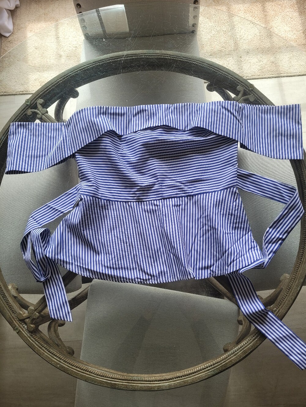 Buffalo David Bitton Off-Shoulder Blue and White Stripe Peplum Top Large